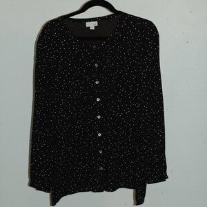 J. Jill Black Button Front Blouse – White Polka Dot Print, Size Small
